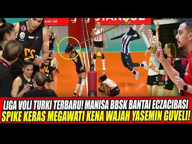 Youtube Thumnail image of : LIGA VOLI TURKI TERBARU🔥MANISA BANTAI ECZACIBASI, SPIKE KERAS MEGAWATI KENA WAJAH YASEMIN GUVELI!