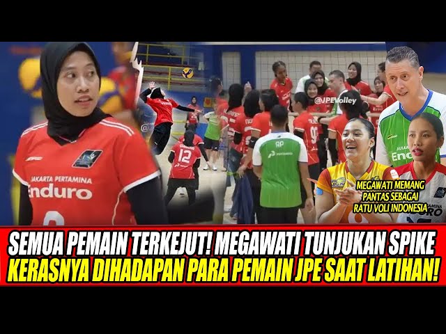 Youtube Thumnail image of : SEMUA PEMAIN TERKEJUT🔥MEGAWATI TUNJUKAN SPIKE KERASNYA DIHADAPAN PARA PEMAIN JPE SAAT LATIHAN!