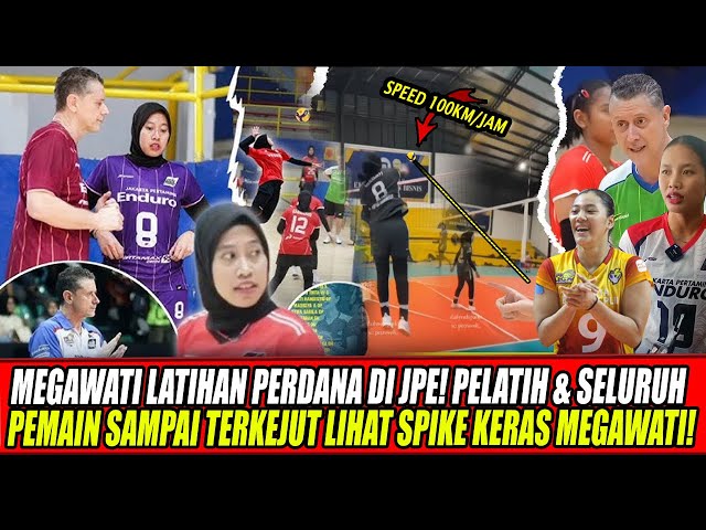 Youtube Thumnail image of : MEGAWATI LATIHAN PERDANA DI JPE🔥PELATIH & SELURUH PEMAIN SAMPAI TERKEJUT LIHAT SPIKE KERAS MEGAWATI!